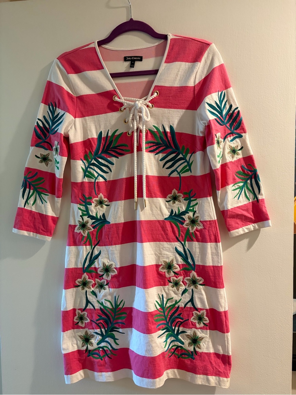 Juicy Couture Pink & White Striped Lace-Up Floral Midi Dress